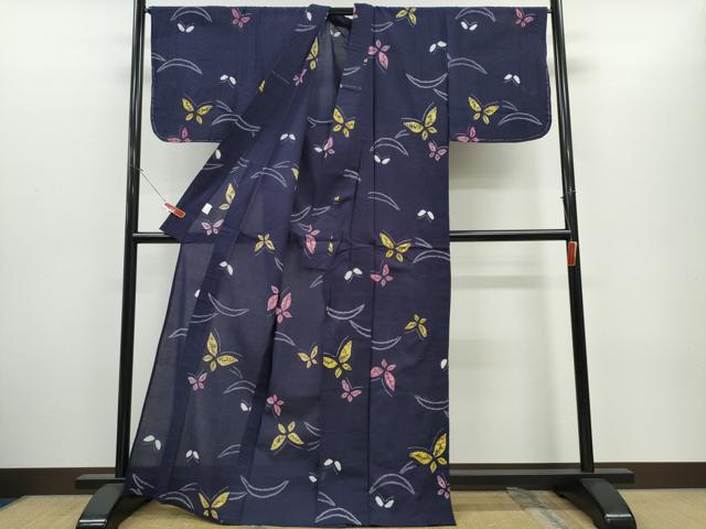 平和屋着物∴夏物　浴衣　有松鳴海絞り　雪芝舞蝶文　深紫色　綿　逸品　未使用　CABH1415ng
