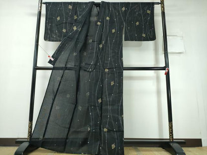平和屋着物∴夏物　浴衣・小紋兼用　綿絽　よろけ縞舞葉文　黒地　金彩　綿　逸品　CABH1474ng
