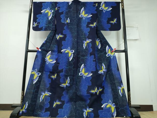 平和屋着物∴夏物　浴衣　注染　舞蝶文　ラメ　綿　逸品　CABH1476ng