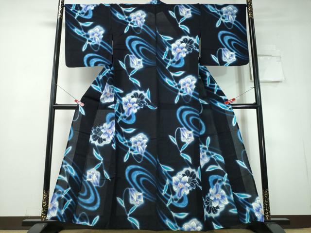 平和屋着物∴夏物　浴衣　注染　百合流水文　ラメ　黒地　日本製　綿　逸品　CABH1477ng