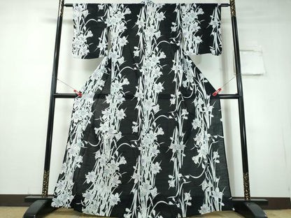 平和屋着物∴夏物　浴衣　百合　黒地　綿　逸品　CABH1482ng