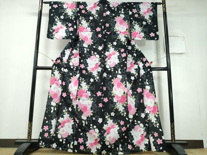 平和屋着物∴夏物　浴衣　舞桜　黒地　ラメ　綿　逸品　CABH1483ng