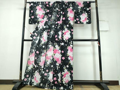 平和屋着物∴夏物　浴衣　舞桜　黒地　ラメ　綿　逸品　CABH1483ng