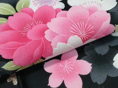 平和屋着物∴夏物　浴衣　舞桜　黒地　ラメ　綿　逸品　CABH1483ng