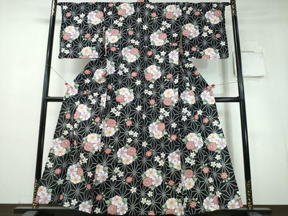平和屋着物∴夏物　浴衣　綿紅梅　舞花文　麻の葉文様　黒地　ラメ　綿　逸品　CABH1485ng