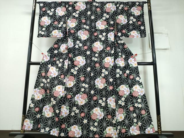平和屋着物∴夏物　浴衣　綿紅梅　舞花文　麻の葉文様　黒地　ラメ　綿　逸品　CABH1485ng