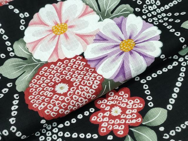 平和屋着物∴夏物　浴衣　綿紅梅　舞花文　麻の葉文様　黒地　ラメ　綿　逸品　CABH1485ng