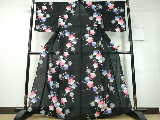 平和屋着物∴夏物　浴衣　綿紅梅　枝梅文　黒地　綿　逸品　CABH1487ng