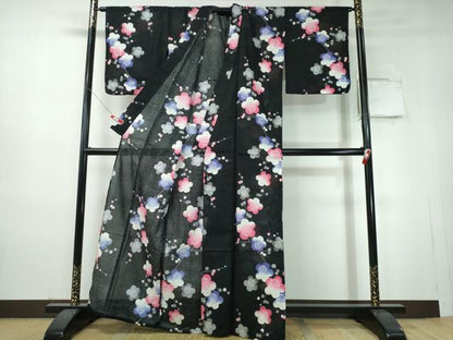 平和屋着物∴夏物　浴衣　綿紅梅　枝梅文　黒地　綿　逸品　CABH1487ng