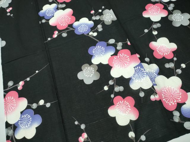 平和屋着物∴夏物　浴衣　綿紅梅　枝梅文　黒地　綿　逸品　CABH1487ng