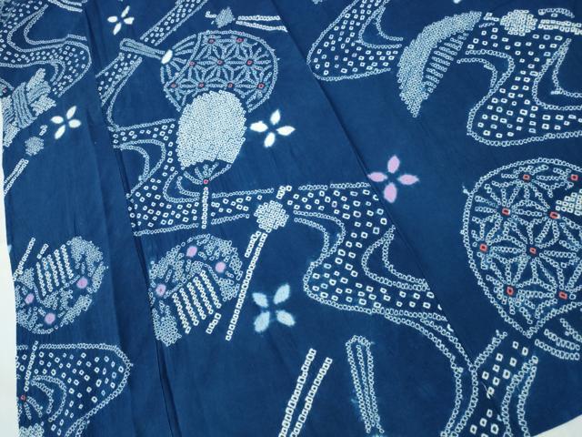 平和屋着物∴夏物　浴衣　有松鳴海絞り　簪　櫛　団扇流水文　綿　逸品　CABH1501ng