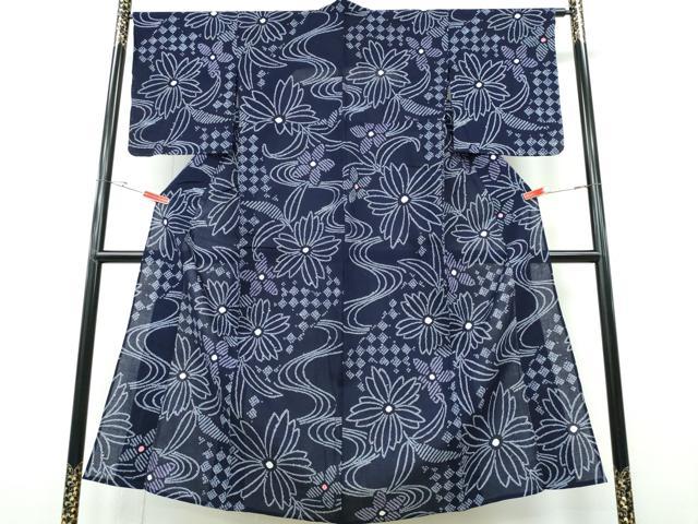 平和屋着物∴夏物 浴衣 有松鳴海絞り 流水舞菊文 綿 逸品 未使用 CABH1523ng