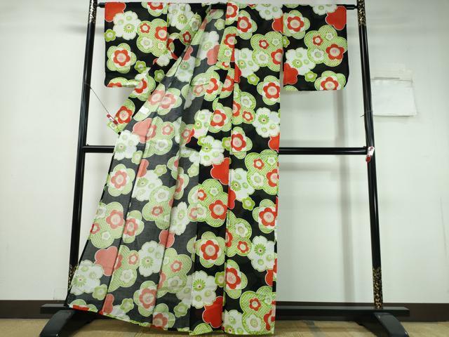 平和屋着物∴夏物 浴衣 舞花文 黒地 綿 逸品 CABH1533ng