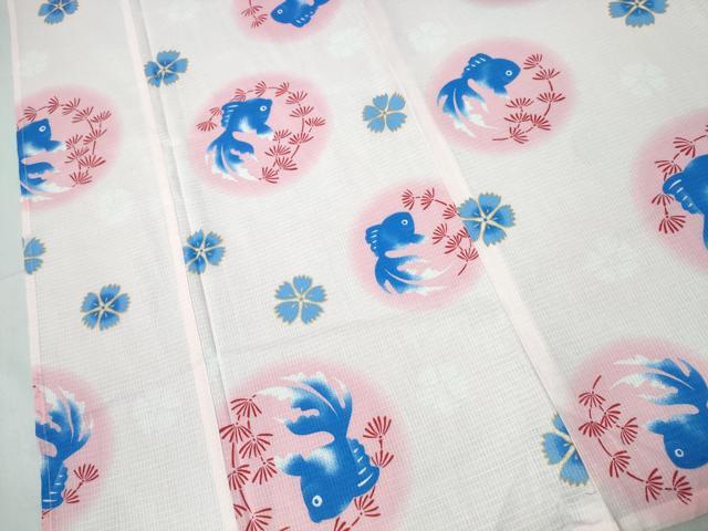 平和屋着物∴夏物 浴衣 綿紅梅 金魚 舞花文 金彩 綿 逸品 未使用 CABH1534ng