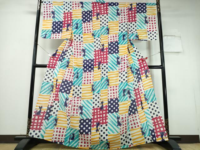 平和屋着物∴夏物 浴衣 黒猫 格子柄 綿 逸品 CABH1535ng