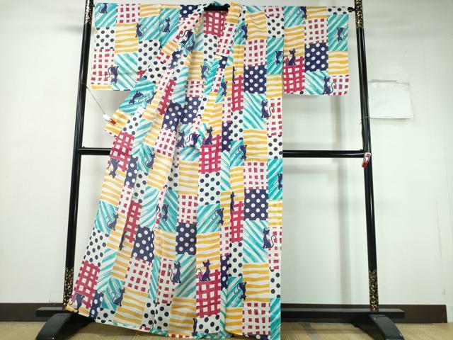 平和屋着物∴夏物 浴衣 黒猫 格子柄 綿 逸品 CABH1535ng