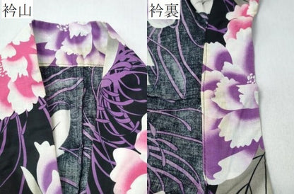 平和屋着物∴夏物　浴衣　枝牡丹文　黒地　綿　逸品　CABH1536ng