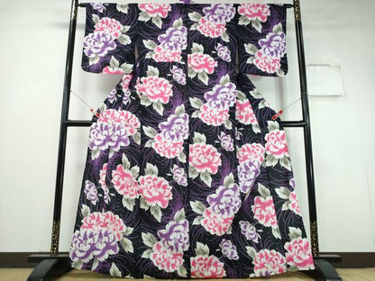 平和屋着物∴夏物　浴衣　枝牡丹文　黒地　綿　逸品　CABH1536ng