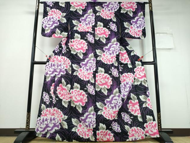 平和屋着物∴夏物　浴衣　枝牡丹文　黒地　綿　逸品　CABH1536ng