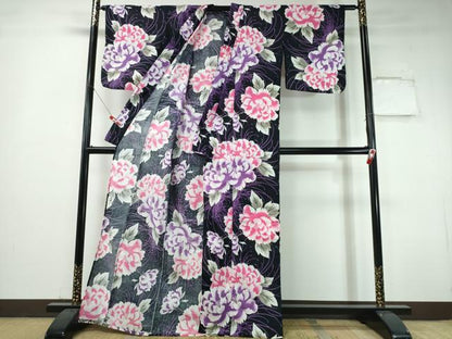 平和屋着物∴夏物　浴衣　枝牡丹文　黒地　綿　逸品　CABH1536ng