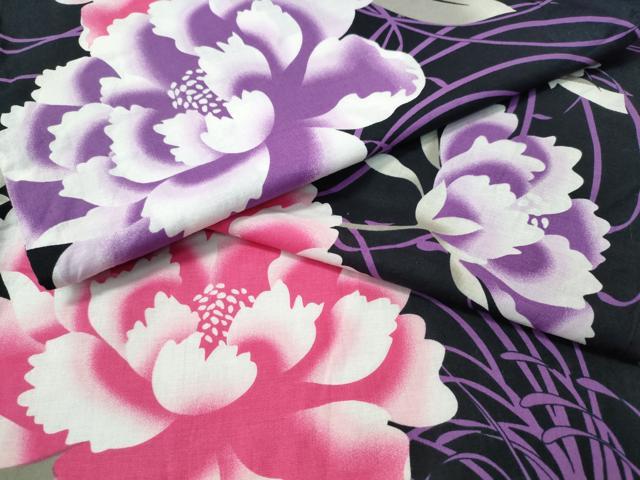 平和屋着物∴夏物　浴衣　枝牡丹文　黒地　綿　逸品　CABH1536ng