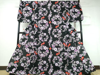 平和屋着物∴夏物 浴衣 綿紅梅 金魚 舞花文 黒地 ロング丈 綿 逸品 CABH1538ng