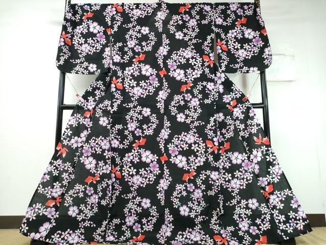 平和屋着物∴夏物 浴衣 綿紅梅 金魚 舞花文 黒地 ロング丈 綿 逸品 CABH1538ng