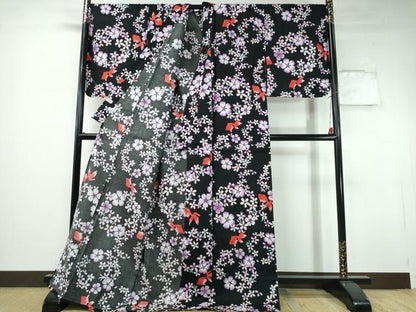 平和屋着物∴夏物 浴衣 綿紅梅 金魚 舞花文 黒地 ロング丈 綿 逸品 CABH1538ng