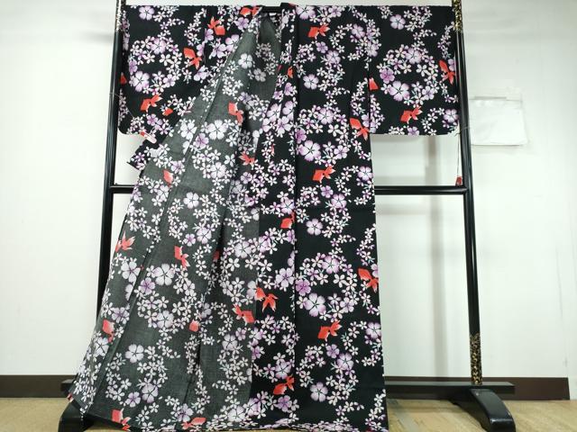 平和屋着物∴夏物 浴衣 綿紅梅 金魚 舞花文 黒地 ロング丈 綿 逸品 CABH1538ng