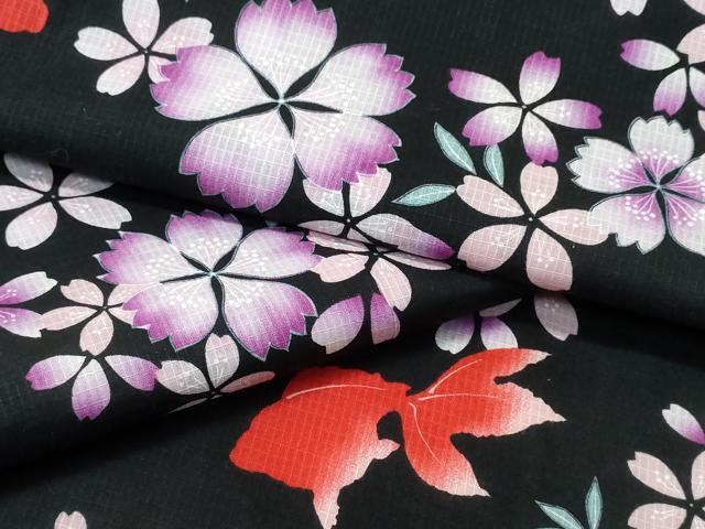平和屋着物∴夏物 浴衣 綿紅梅 金魚 舞花文 黒地 ロング丈 綿 逸品 CABH1538ng
