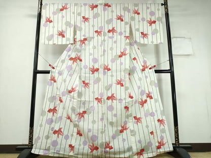 平和屋着物∴夏物 浴衣 水玉 金魚 間道 綿 逸品 CABH1543ng