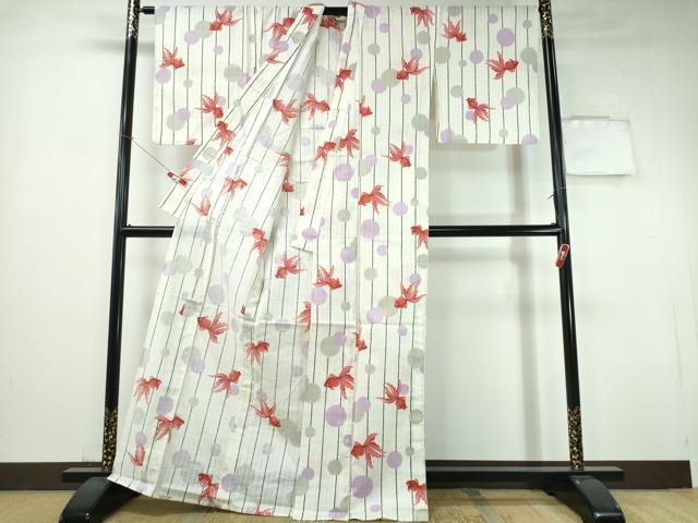 平和屋着物∴夏物 浴衣 水玉 金魚 間道 綿 逸品 CABH1543ng