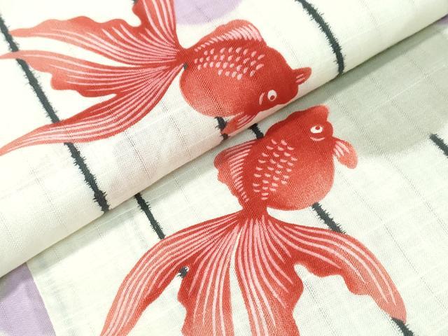 平和屋着物∴夏物 浴衣 水玉 金魚 間道 綿 逸品 CABH1543ng