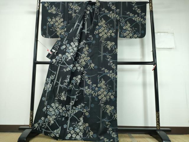 平和屋着物∴夏物　撫松庵　浴衣　撫子　芝草萩文　黒地　綿　逸品　CABH1545ng