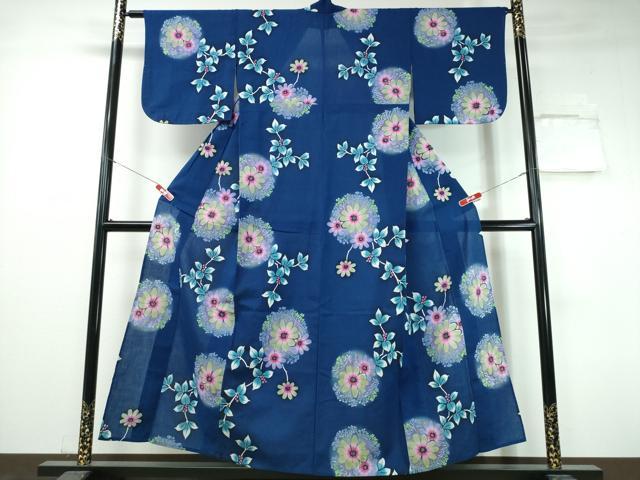 平和屋着物∴夏物　浴衣　注染　手縫い　枝葉花丸文　日本製　綿　逸品　CABH1549ng