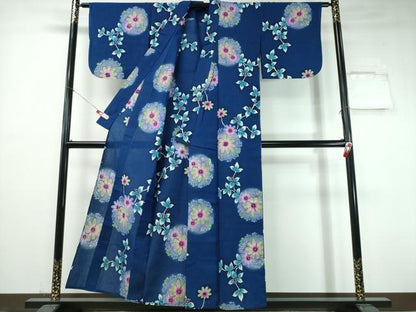 平和屋着物∴夏物　浴衣　注染　手縫い　枝葉花丸文　日本製　綿　逸品　CABH1549ng