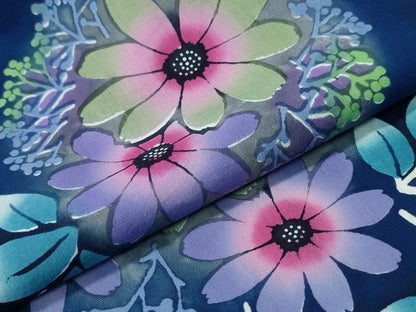 平和屋着物∴夏物　浴衣　注染　手縫い　枝葉花丸文　日本製　綿　逸品　CABH1549ng