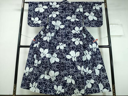平和屋着物∴夏物　浴衣　藍　注染　手染め　手縫い　桐花文　日本製　綿　逸品　CABH1552ng