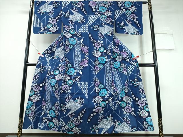 平和屋着物∴夏物　浴衣　注染　手染め　手縫い　薔薇菊吉祥文　日本製　綿　逸品　CABH1553ng