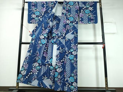 平和屋着物∴夏物　浴衣　注染　手染め　手縫い　薔薇菊吉祥文　日本製　綿　逸品　CABH1553ng