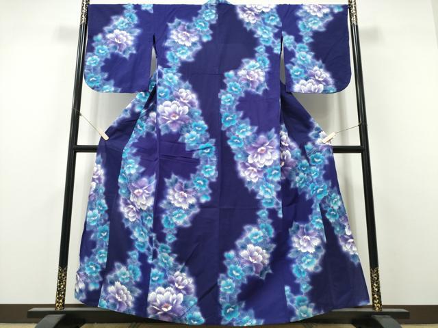 平和屋着物∴夏物　浴衣　注染　手縫い　牡丹花文　ラメ　日本製　綿　逸品　CABH1576ng