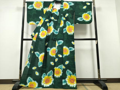平和屋着物∴夏物　浴衣　注染　向日葵　ひまわり　金彩　綿　逸品　CABH1579ng
