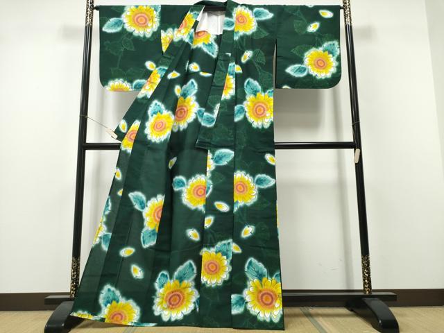平和屋着物∴夏物　浴衣　注染　向日葵　ひまわり　金彩　綿　逸品　CABH1579ng