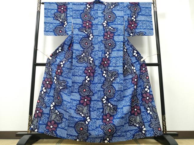 平和屋着物∴夏物　浴衣　有松鳴海絞り　横段舞蝶文　綿　逸品　CABH1587ng
