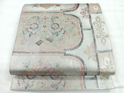 平和屋着物◎六通柄袋帯　向かい鳥更紗花文　銀糸　正絹　逸品　CABH1606nb