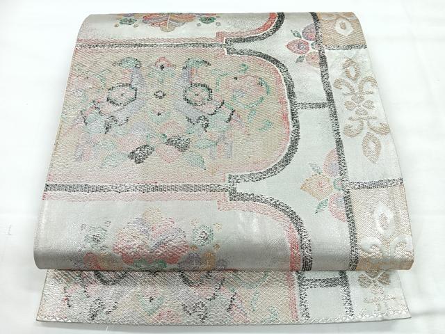 平和屋着物◎六通柄袋帯　向かい鳥更紗花文　銀糸　正絹　逸品　CABH1606nb