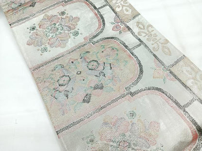 平和屋着物◎六通柄袋帯　向かい鳥更紗花文　銀糸　正絹　逸品　CABH1606nb