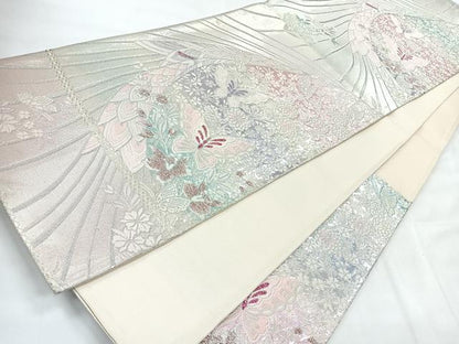 平和屋着物◎西陣　六通柄袋帯　唐織　草花舞蝶文　銀糸　正絹　逸品　CABH1614nb
