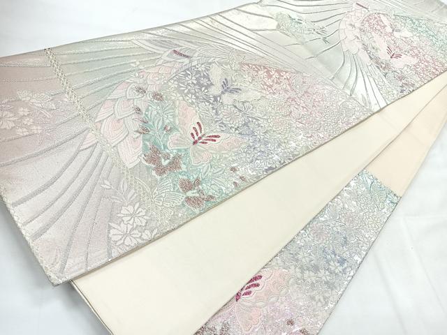 平和屋着物◎西陣　六通柄袋帯　唐織　草花舞蝶文　銀糸　正絹　逸品　CABH1614nb