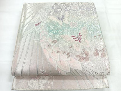 平和屋着物◎西陣　六通柄袋帯　唐織　草花舞蝶文　銀糸　正絹　逸品　CABH1614nb